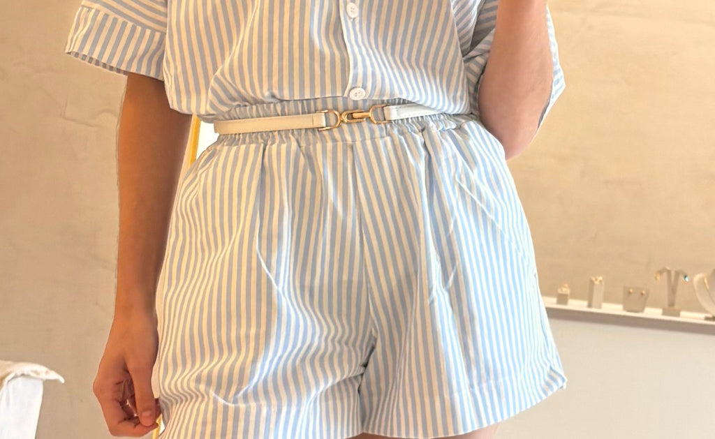 Conjunto listrado azul  de linho e algodão
