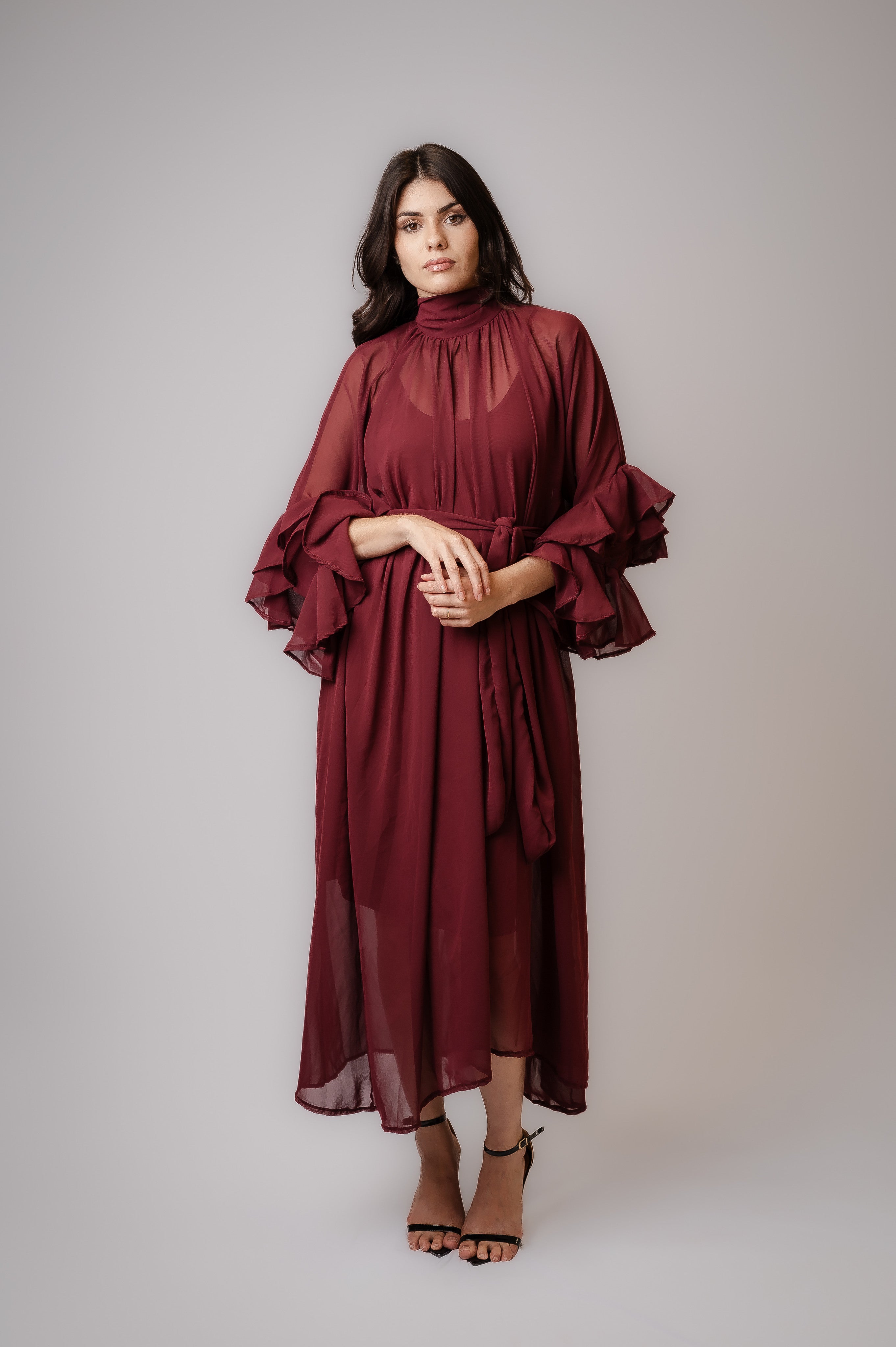 Vestido midi chifon, cor vinho